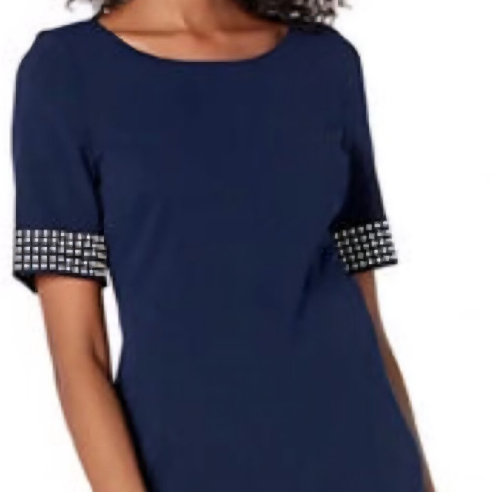 Karl Lagerfeld | Women's Blue Pearl Sleeve Sheath Midi Dress 14